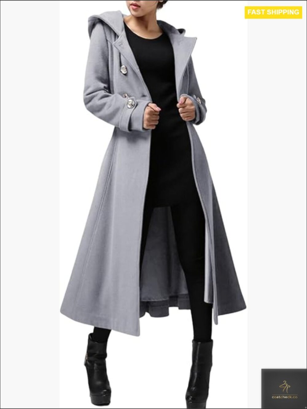 Long Wool Blend Trench Coat Hooded Double-Breasted Classic Elegant Winter Warm
